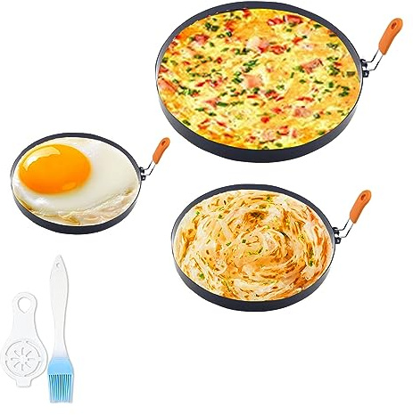 Qivine 3 Stück Spiegeleierformen für die Pfanne, Antihaft Spiegeleiform für Bratpfanne 10/12/20cm, Edelstahl Runde Spiegeleier Form mit Klappgriffen für Gekochte, Pancake, Pochierte Eier