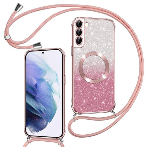 Phoona Handyband Hülle für Samsung Galaxy S21 mit Band [kompatibel mit MagSafe], Luxuriöse Glitzer Beschichtung Magnetische Handyhülle für Samsung S21 Silikon TPU Stoßfest Schutzhülle, Rosa