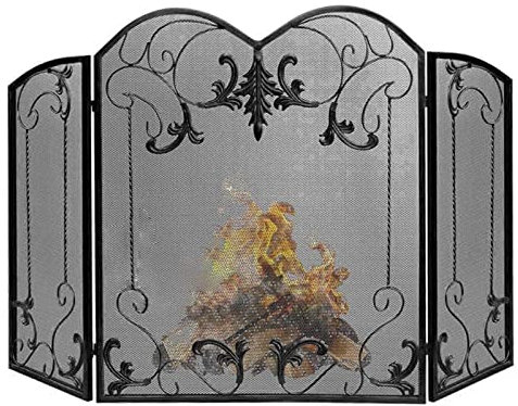 3-Panel-Kamin-Displayschutz, Schmiedeeisen, Schwarz, Faltbarer Boden, robust, Funkenschutz, für Baby-Safe/Holzscheite/offenes Feuer Marriage