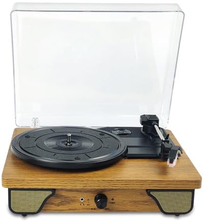 PODEC Grammofono retrò, Giradischi con Coperchio Trasparente E Altoparlanti Stereo, Trasmissione a Cinghia 33/45/78 Giri/min 3 velocità, Supporto Grammofono da 7/10/12 Pollici, per Decorazione