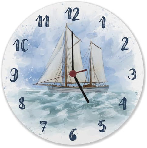 speecheese Segelschiff Wasserfarbenoptik Wanduhr Schöne Uhr mit gemaltem Segelboot als Dekoration für das Boot oder Geschenkidee für Segler mit maritimem Motiv