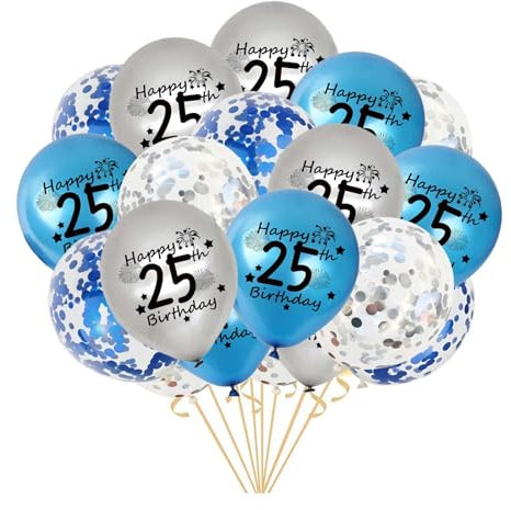 25.Geburtstag Luftballons für Männer, 20 Stück Blau Silber Happy 25.Geburtstag Latex Konfetti Ballon Bänder zum 25 Jahre Geburtstag Deko (25.)