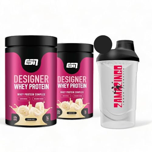 2x ESN Designer Whey Protein Banana Milk 300g | Hochwertiges Eiweißpulver und Nahrungsergänzungsmittel für effektiven Muskelaufbau | Gratis Zama4zingo Protein Shaker 600ml
