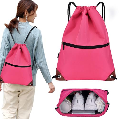 CINY Wasserdichter Turnbeutel mit Kordelzug, Rucksack, Sporttaschen für Damen und Herren mit Reißverschluss, Wasserdichte Kordeltasche Für Sport, Strand, Schwimmen, Wandern, Reisen (Rosa)