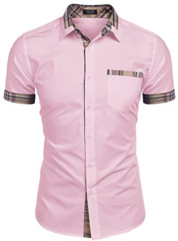 COOFANDY Men's Short Sleeve Shirt Casual Dress Shirt Regular Fit Work Shirts Button Down Office Shirts Plaid Collar B-Light Pink L