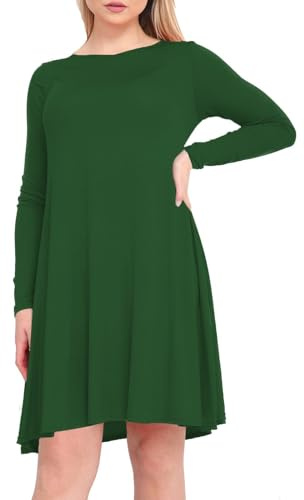Womens Plain Long Sleeve Outwear Round Neck Swing Ladies Casual Dresses for Women UK Mini Flared Skater Smock A Line Plus Size T Shirt Tops 8-26
