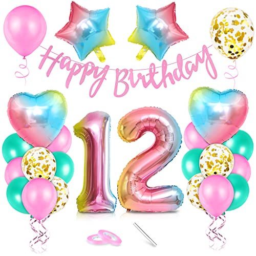 Luftballon 12. Geburtstag Rosa, Geburtstagsdeko 12 Jahr, Ballon 12. Geburtstag, Riesen Folienballon Zahl 12, Happy Birthday Folienballon 12, Ballon 12 Deko zum Geburtstag Mädchen