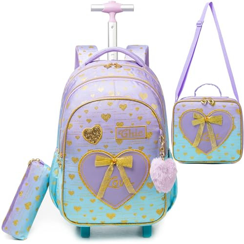 HTgroce Cartable Fille Primaire Roulette cp, Cartable Primaire Sac Trolley avec Sac Repas Trousse à Crayons Sac à Dos à Roulette Cartable Fille CM1