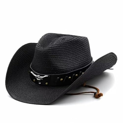 Plancholo Chapeau de cowboy en paille - Chapeau de soleil à large bord - Chapeau Fedora Panama - Chapeau de paille d'été pour homme et femme, Noir , Taille unique