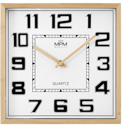 MPM Quality Quadratische Holz Wanduhr, Made in EU, Elegante Design-Holzuhr, Wood Clock, Quarz-Uhrwerk Sweep, ∅ 350 mm, schöne Wanddeko für die Küche, Büro oder Wohnzimmer (Helles Holz/Weiß)