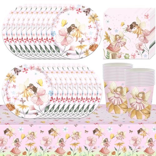 61pcs Elf & Fairy Birthday Party Tableware - Tea Party Supplies, Includes Plates, Cups, Napkins & Tablecloth (20 Guests)