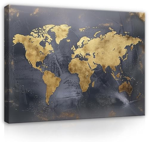 WallArena - Leinwand Bilder - Weltkarte - 60x40 cm Leinwandbilder - Bild auf leinwand - Wandbild XXL groß Wandbilder für Wohnzimmer Schlafzimmer Wohnzimmerbilder Modern kunstdruck - Gold Grau Welt