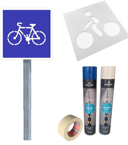 Kit Panneau et Pochoir Piste Cyclable. Kit Signalisation Panneau Pochoir. Marquage au sol. Panneau Piste Cyclable. Poteau Galvanisé + Peinture.