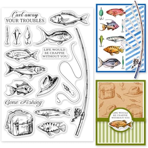 GLOBLELAND Angelrute Rucksack Silikonstempel Angelruten Köder Transparente Stempel Kaviar Klare Stamps Für Karten Herstellung DIY Scrapbooking Basteln