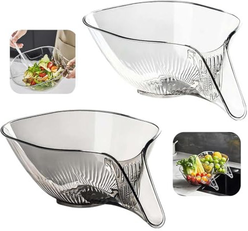 Aililong Juego de 2 embudos para escurridor, bandeja de goteo multifuncional y cesta de drenaje para fregadero, utensilios de cocina con embudo para lavar verduras y frutas, transparente y gris