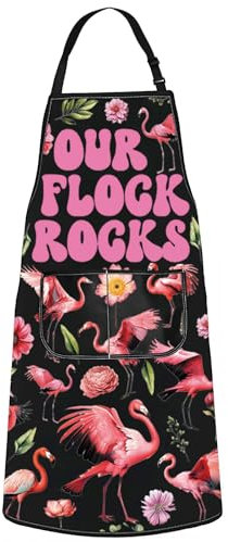 WZMPA Delantal de cocina con diseño de flamencos, regalo para amantes de los flamencos, delantal ajustable con bolsillos, diseño de flamencos y pájaros, Nuestro Flock Rocks Ap, Medium