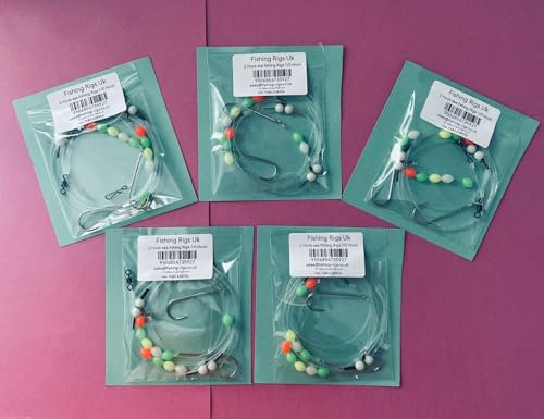 Sea Fishing Rigs, Made By Fishing Rigs Uk, 5 In A Pack, 1 Up 1 Down Flapper Rigs, Bass Fishing From Shore, Pier and boat, 2 Hook, Bait Rigs Just Attach Bait up Cast Out Catch Fish.