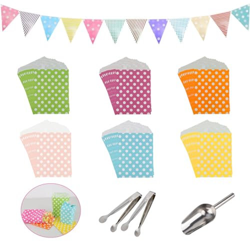 elthmpr Lot de 64 Candy Bar a Bonbon- Contient 60 sachets de bar à bonbons, 2 pinces à sucre, 1 pelle à glace et guirlande de bar à bonbons - Kit d'accessoires pour fête, mariage,