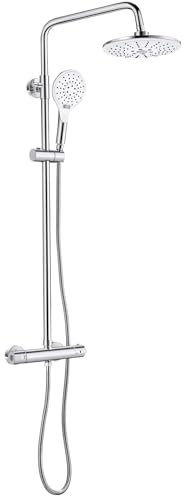 Duscharmatur mit Thermostat Regendusche, Rund Duschsystem Duscharmatur Komplettset, 20x20cm Regendusche, 3 Strahlarten Duschkopf, 43''- 57'' Verstellbar Duschstange, Regendusche mit Armatur Chrom