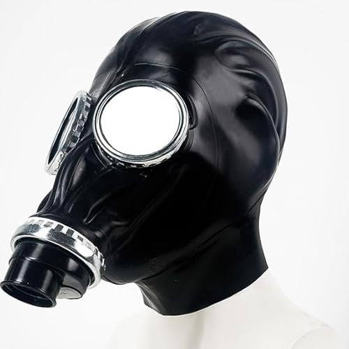 GREEFEI Latex Schwarze Gasmaske,Gummi Vollmaske Unisex Reißverschluss Rückseite,Halloween Kostümzubehör Cosplay Partykostüm M