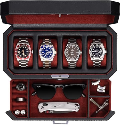 ROTHWELL Uhrenbox aus Leder mit 4 Schlitzen und Aufbewahrungsschublade – luxuriöser Schmuck-Organizer, verschließbare Vitrine mit Echtglas-Oberseite – Uhrenbox-Organizer für Damen und Herren (rot)