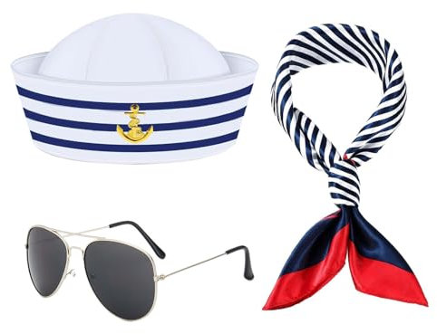 LIURFLNC Kapitän Matrosen Kostüm Set, Blau und Weiß Gestreift Matrosenmütze und Schal Sonnenbrillen, Matrosen Kostüm Damen, Herren für Cosplay Verkleidung Karneval Accessoires