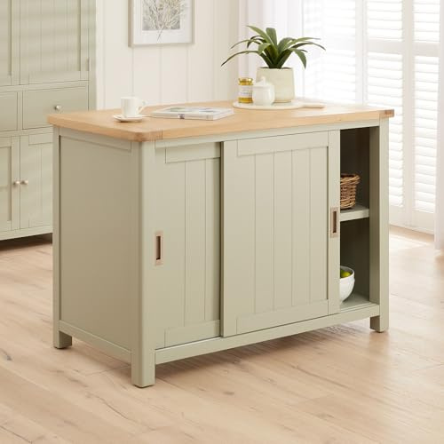 The Furniture Market Marbury Sage Green Painted | Kitchen Island Counter with Breakfast Bar Table Top | Seats 2 Bar Stools | Sliding Doors | Fully Assembled | H 900 x W 1250 x D 680mm
