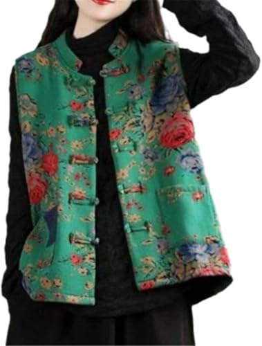 Femmes Style Chinois Veste Rembourrée Vintage Floral Matelassé Gilet Sans Manches avec Noeud Traditionnel Broderie Top Oriental Rétro Bohème Ethnique Outwear Hanfu