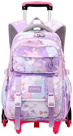 Rucksack mit Rollen Madchen Trolley Rucksack Kinder Schulrucksack Schulranzen mit Rollen Teens Schultasche Rollen Mädchen Lila 34x20x47cm