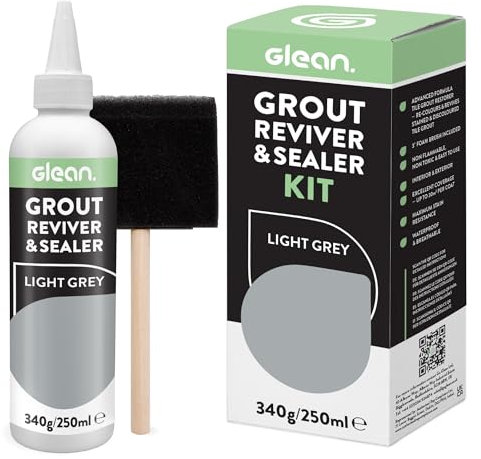 GLEAN Reviver y sellador de lechada | Gris claro | 340 g | Restaura, repara, renueva la lechada de azulejos | Incluye cepillo de espuma | Resistente a las manchas y transpirable | Lechada de azulejos