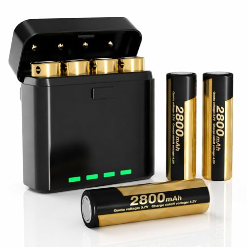 Matbc 3.7 V Rechargeable Battery Flat top with Charger 4 Bay, 4 pack 2800mAh 18650 Battery with Charging Storage Box for Flashlight, Outdoor Garden Lights, headlamps, Small Fan