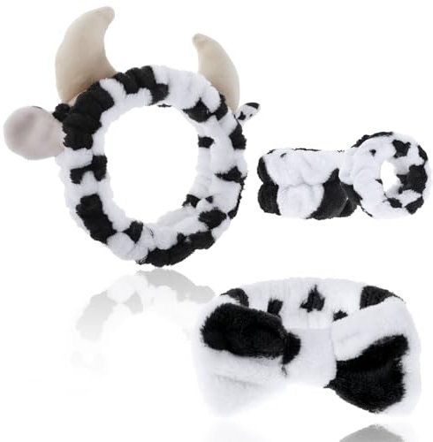 Oruola Lot de 4 bandeaux en peluche de vache - Bandeau de maquillage avec motif de vache - Bandeau de maquillage pour femme - Bandeau de lavage pour le poignet - Bandeau SPA pour démaquiller - Bandeau