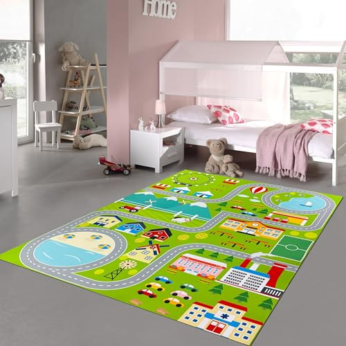 Teppich-Traum Kinderteppich Stadtmotiv Straßen Häuser Grün Ø 120 cm | Pflegeleicht, rutschfest, strapazierfähig, hautsympathisch und schadstofffrei, mit Straßen, Häusern, Parks und Verkehr