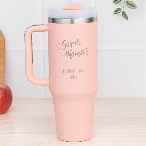 Wanapix | Taza Térmica XL Personalizada de Doble Capa | Capacidad 1,2 L | Conserva Frío y Calor Horas | Color Rosa | Personaliza mediante Grabado | Mamá