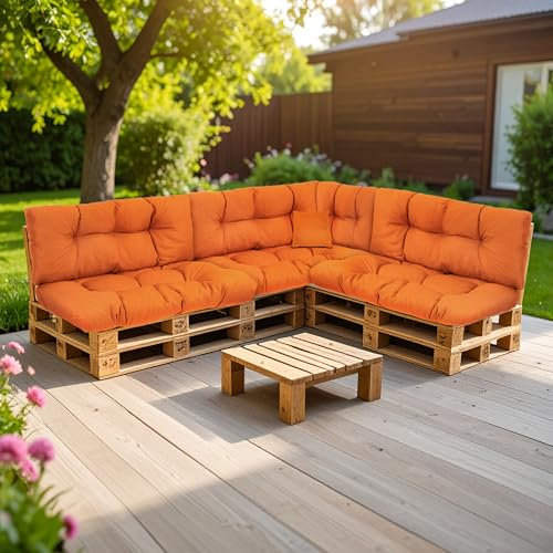 SLIPIO Palettenkissen, Kissen für Europaletten, FÜLLPRO+ Füllung, Wetterfest Palettenpolster (6-teiliges Set - 2X Rückenkissen 120x40cm + 2X Sitzkissen 120x80cm + 60x40 & 40x40 - Orange)