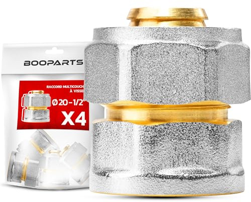 BOOPARTS – Raccordo Diritto Femmina a Stringere Ø20 mm x 1/2 per Tubo Multistrato | Senza Pressatrice | Raccordo in Ottone Nichelato | Set da 4 Pezzi
