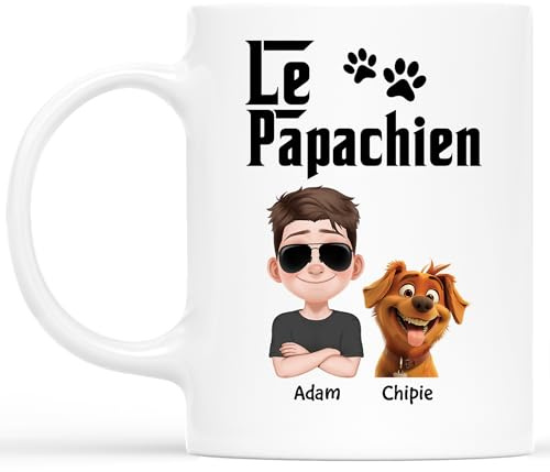 Cadeau Plus Mug Personnalisé Prénom - Le Papa Chien - Idée cadeau maître et chien, tasse prénom, mug personnalisé (1 chien)
