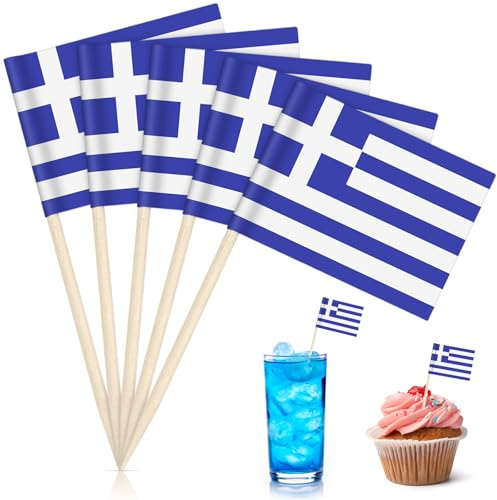 NISENTIA Griechische Deko Zahnstocher Flaggen, 100 Stück Griechenland Deko Flagge Griechische Dekoration Toothpick Flag für Party-geschirrdekoration Cocktailparty Cake Käse
