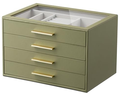 Schmuckkästchen-Organizer: 4-stöckiges schmuck kiste mit Glasfenster, Grün | olivgrünes Leder mit cremefarbenem Samt, Fächer für Ringe, Halsketten, Armbänder, Broschen und Uhren, tolles Geschenk für sie