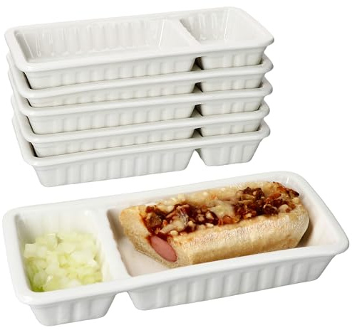 MamboCat 6er Set Frikandelschalen weiß aus Porzellan I (LxBxH) 20x9,5x3,3cm I Servierschalen mit 2 Bereichen für Soße & Beilagen I für Frikandel, Buletten, Nuggets, Nachos & Snacks