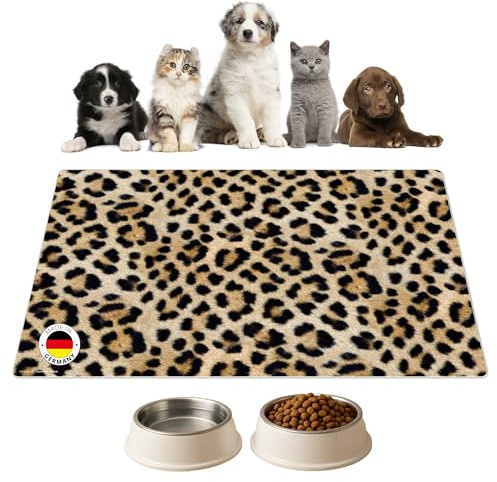Napfunterlage | Futtermatte für Hunde und Katzen „Leopardenfell“ aus Premium Vinyl - 60x40 cm – rutschhemmend, abwaschbar, reißfest - Made in Germany