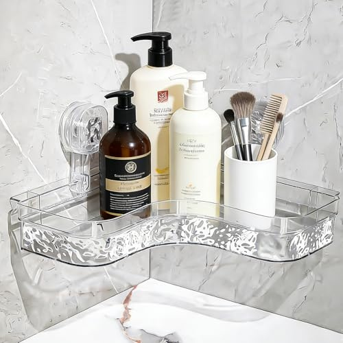 Corner Shower Shelf with Suction Cup, No Drill Wall Caddy with 2 Shampoo Comb, Strong Adsorption Easy Mount, Bathroom Storage Shelf for Conditioner, Shampoo, Razors, Soap, Toothbrush (Clear Triangle)