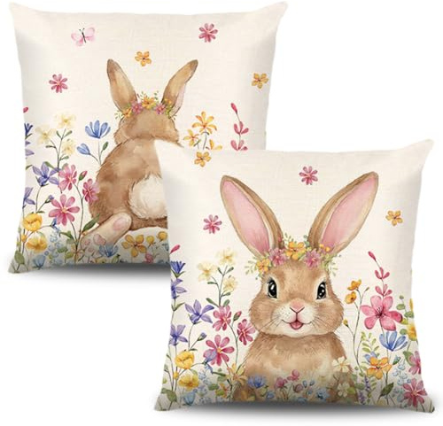ZJILIXIA 2 Stück Kissenbezug Ostern 40x40cm,Hase Kissenbezüge Häschen Ostereiern,Osterdeko Leinen Kissenhülle,Frühling Urlaub Kissenbezug Dekoration,Sofa Kisse,Für Sofa Wohnzimmer Schlafzimmer (B)