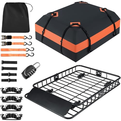 GYMAX Dachgepäckträger Auto, 130 x 91 x 17 cm, universeller Dachbox Auto mit 425 L wasserfester Tasche, Ratschenriemen & Vorhängeschloss, max. Belastung 90 kg, Gepäckablage für Camping, Reisen