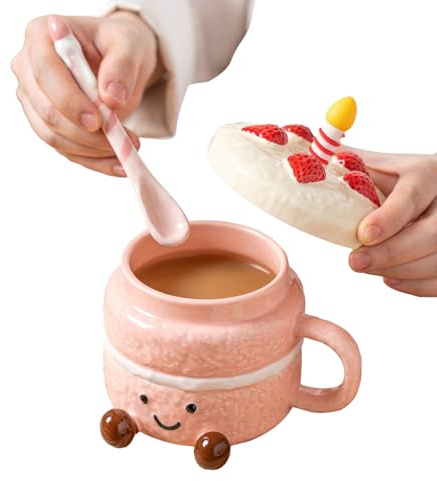 Wanixue Cute Ceramic Mug, 400ml Novelty Coffee Mugs with Strawberry Lid and Spoon, Funny Cake Shaped with Feet, Aesthetic Tea Cup for Tea, Milk, Drinking Cups Birthday Gift for Girls/Women