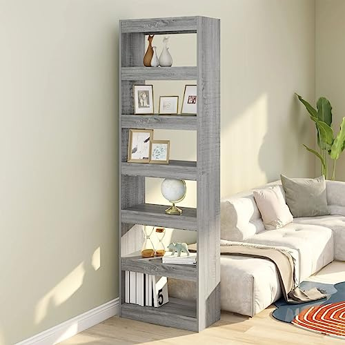 mtlskopl Bücherregal Grau Sonoma 60x30x198 cm Holzwerkstoff Raumteiler Standregal mit Wandbefestigung Modernes Design für Wohnzimmer Schlafzimmer Büro Flur