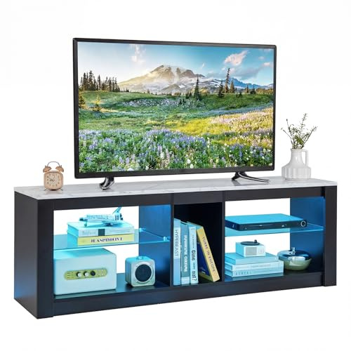 COSTWAY LED TV Stand Cabinet for 65 Inch TVs, Wooden Media Entertainment Center with RGB LED Lights and Adjustable Tempered Glass Shelves, 140cm Living Room Bedroom TV Unit Console Table (Black+Grey)