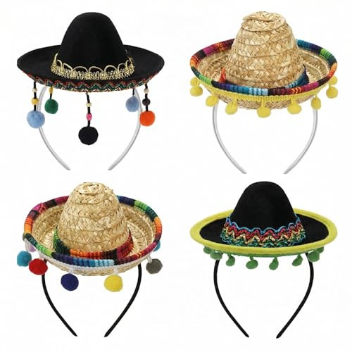 4 Pcs Mini Mexican Sombrero Hats Headbands Colourful Straw Fiesta Headwear with Pom Poms 16cm Mini Sombreros for Cinco de Mayo Mexican Themed Party Summer Decor Fancy Dress Accessories Party Favours