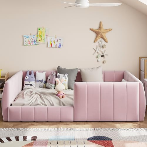 Polsterbett Kinderbett 90x200,Montessori Bodenbett mit Rausfallschutz und Lattenrost,Gitterbett Montessori Bett Babybett Kinder Jugendbett Einzelbett für Jungen Mädchen,Leinen,ohne Matratze (Rosa)