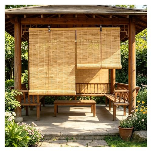 IRUGS Tenda a Rullo in Canna Naturale, Cannucciato per Esterno e Interno, Tapparella in bambù Impermeabile, Protezione Privacy e Ventilazione per Patio e Balcone(150L x 200A cm)